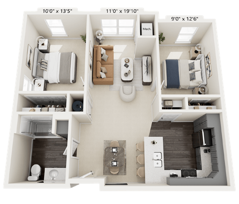 Floor plan for 2 beds, 1 bath